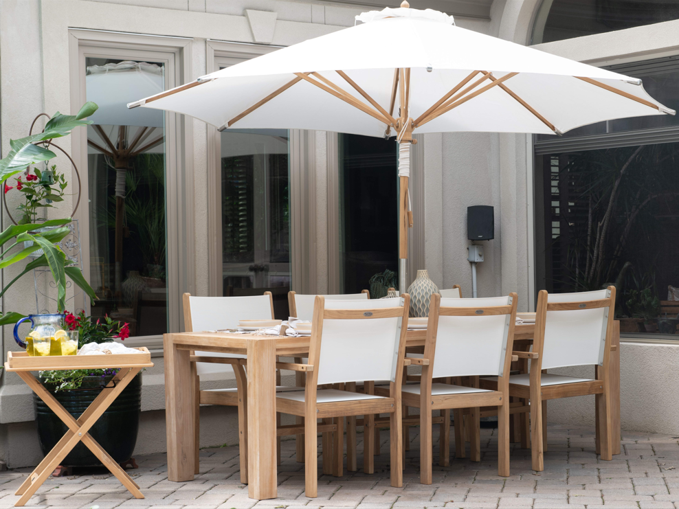 Royal Teak Collection Comfort 96 Dining Table with Captiva Chairs, Tray on Stand, and Umbrella White