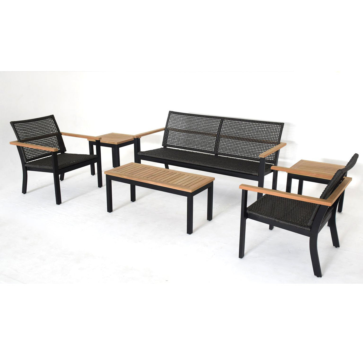 Royal Teak Collection Naples Conversation Set in Black Aluminum, Charcoal Rope & Grade-A Teak