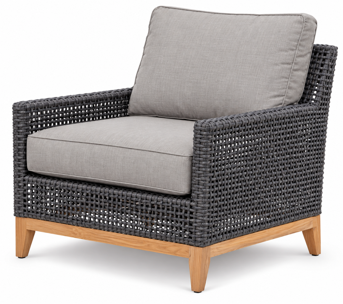 Cannes club chair with open charcoal rope weave, aluminum frame, teak base and gray cushions
