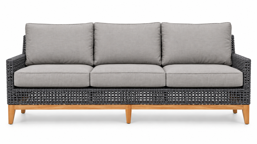 Cannes three-seat sofa with open charcoal rope weave, aluminum frame, teak base and gray cushions