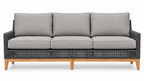 Cannes three-seat sofa with open charcoal rope weave, aluminum frame, teak base and gray cushions