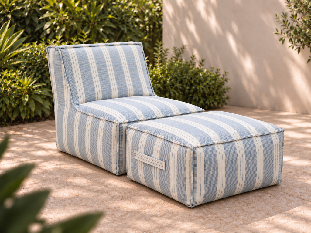 Cove Chair and Ottoman Set in Dobby Stripe Sunbrella fabric