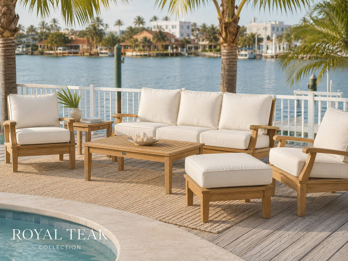 Miami collection setting with teak sofa, chairs, ottoman and tables; pieces sold separately