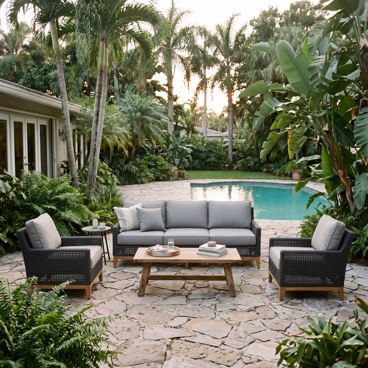 Royal Teak Collection Cannes 3-Piece Living Set (Sofa & 2 Club Chairs in Canvas Granite) on a Poolside Flagstone Patio