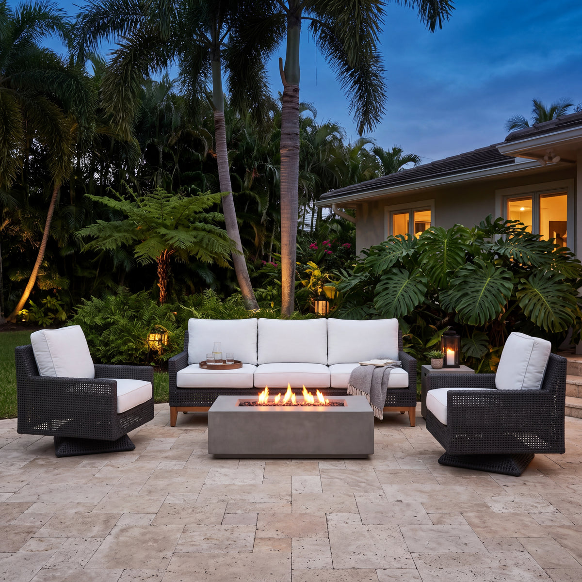 Royal Teak Collection Cannes 3-Piece Swivel Lounge Set (Sofa & 2 Swivel Chairs in White/Natural) on an Evening Firepit Patio