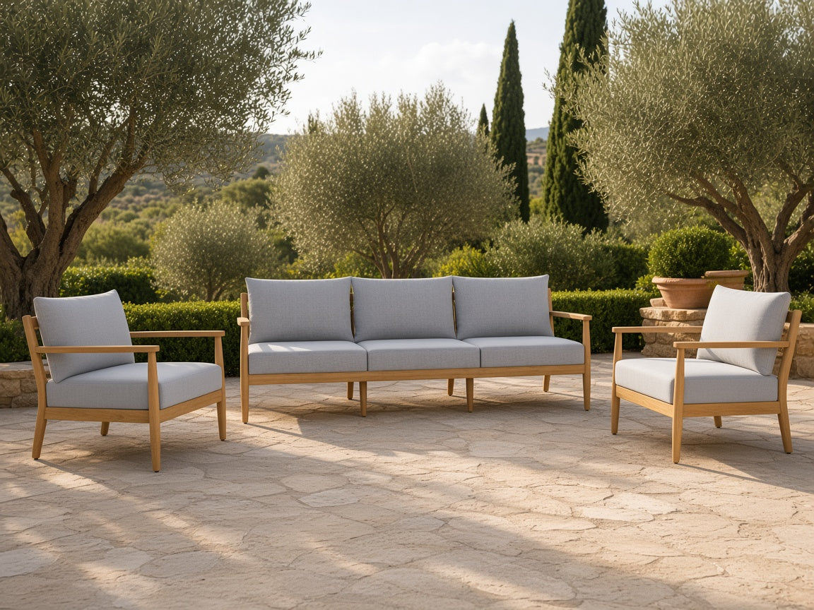Royal Teak Collection Palma 3-Piece Living Set (85-inch Sofa & 2 Club Chairs) on a Mediterranean Flagstone Terrace