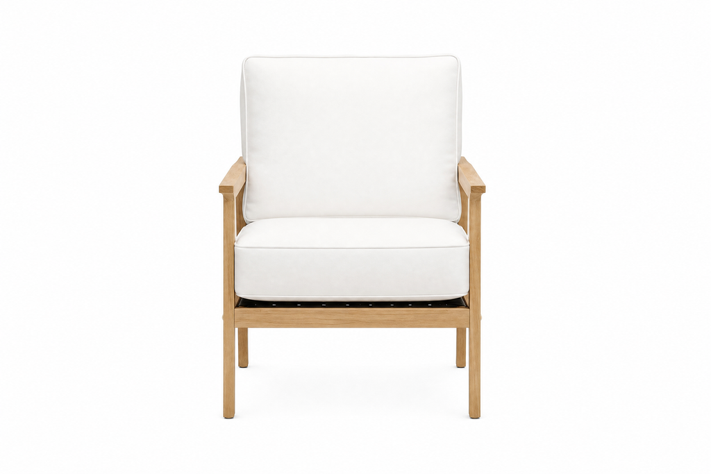 Royal Teak Collection Ventura Club Chair (VENTCC) — Studio Cutout in Grade-A Teak & White/Natural Cushions