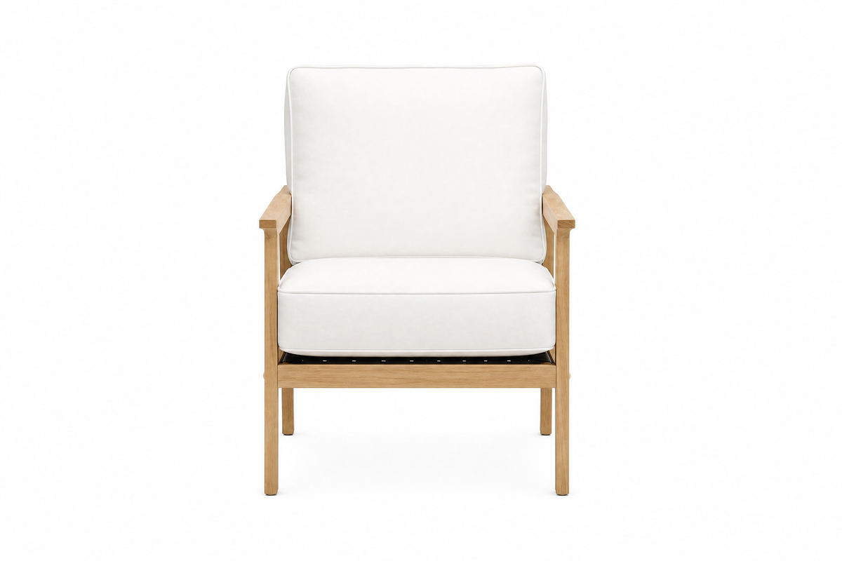 Royal Teak Collection Ventura Club Chair (VENTCC) — Studio Cutout in Grade-A Teak & White/Natural Cushions
