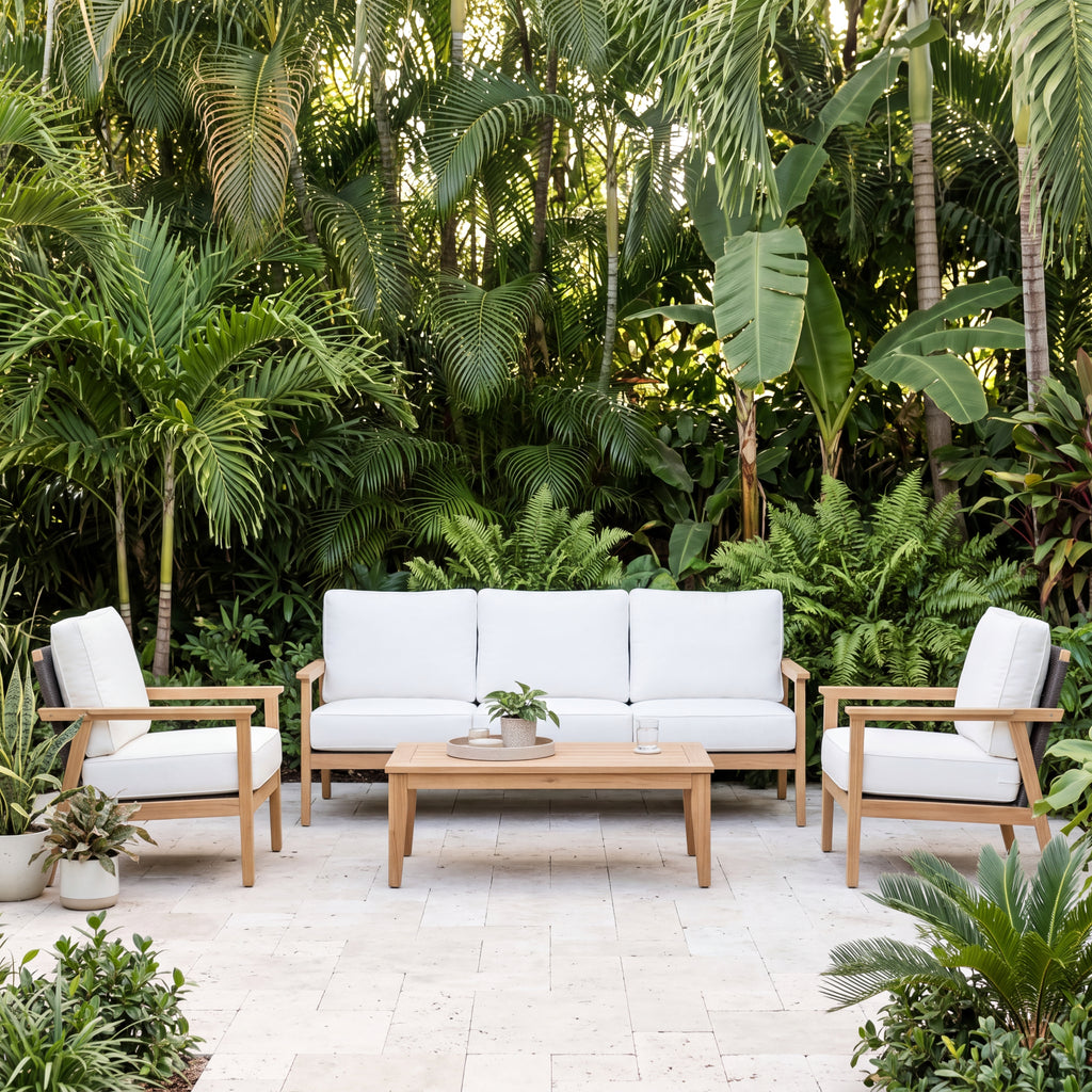 Royal Teak Collection Ventura 3-Piece Living Set (Sofa & 2 Club Chairs in White/Natural) on a Sunlit Travertine Palm Patio