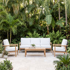 Royal Teak Collection Ventura 3-Piece Living Set (Sofa & 2 Club Chairs in White/Natural) on a Sunlit Travertine Palm Patio