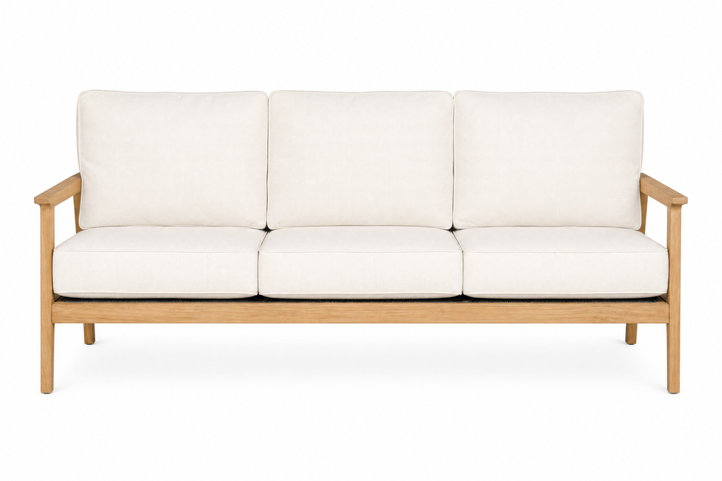 Royal Teak Collection Ventura 3-Seater Sofa (VENT3S) — Studio Cutout in Grade-A Teak & White/Natural Cushions