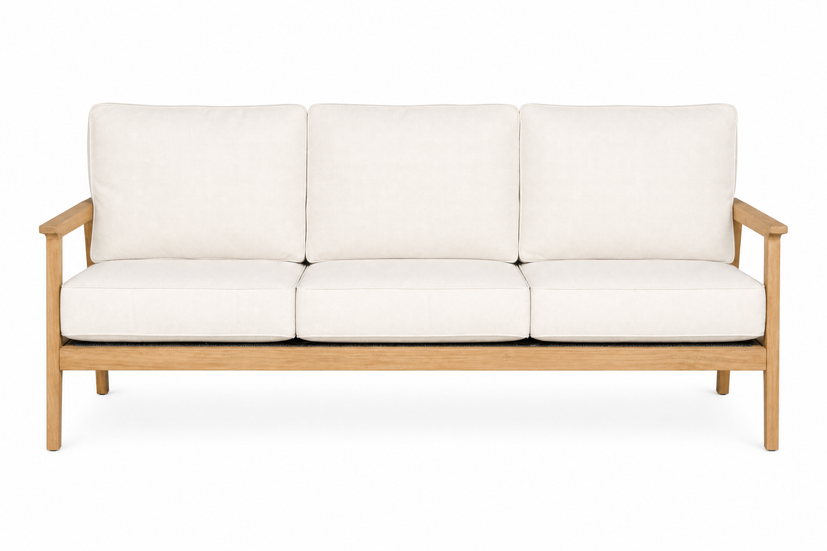 Royal Teak Collection Ventura 3-Seater Sofa (VENT3S) — Studio Cutout in Grade-A Teak & White/Natural Cushions