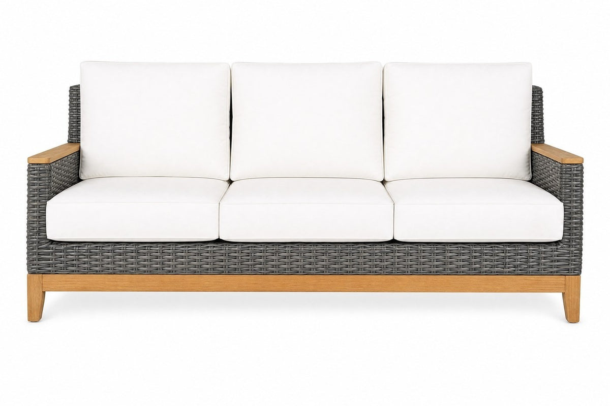 Boca Sofa — Grey Wicker; photography shows a sample fabric