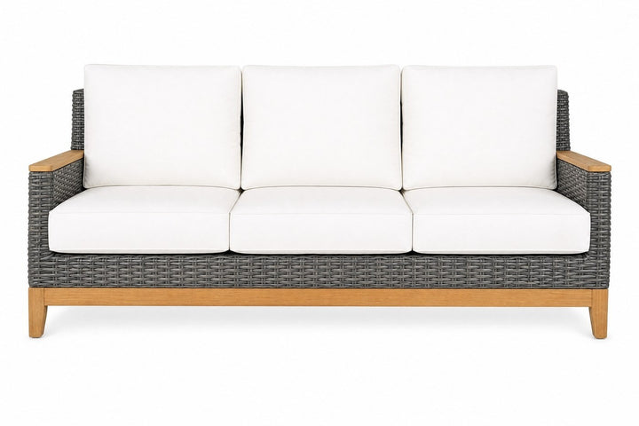 Boca Sofa — Grey Wicker; photography shows a sample fabric