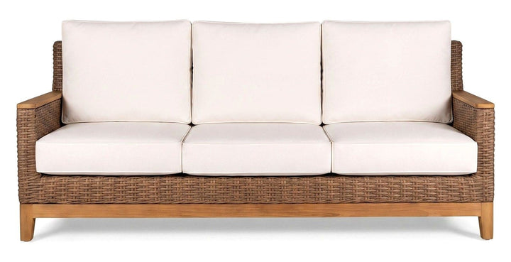 Boca Sofa — Honey Wicker; photography shows a sample fabric