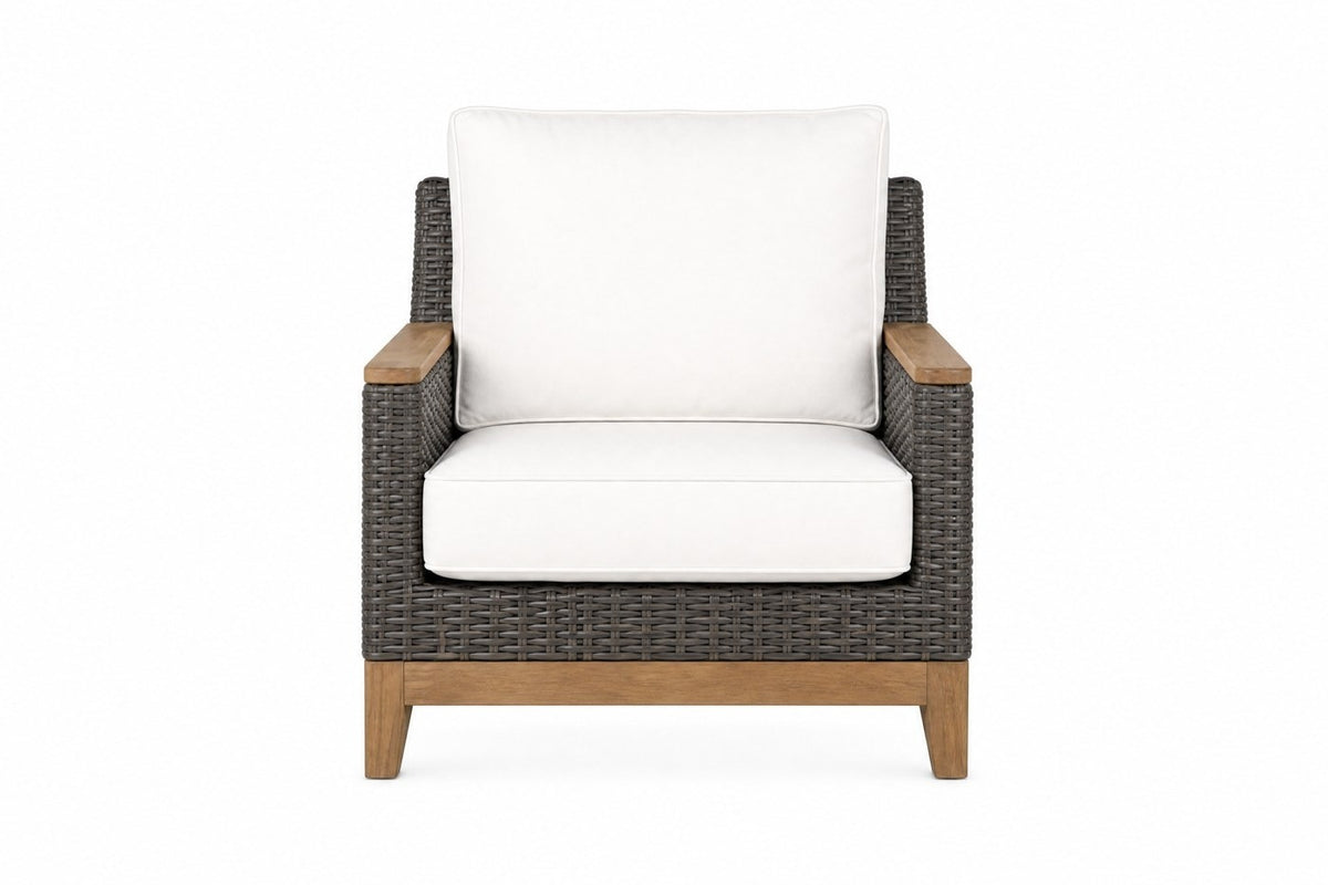 Boca Club Chair — Grey Wicker; photography shows a sample fabric