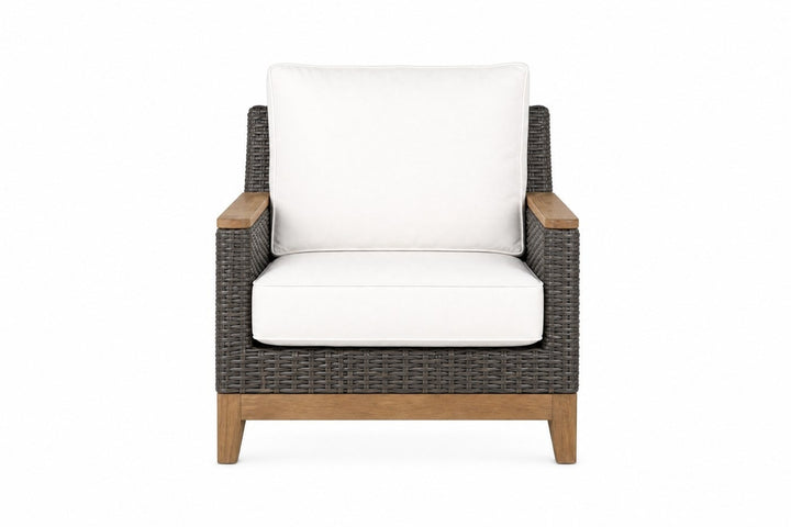 Boca Club Chair — Grey Wicker; photography shows a sample fabric