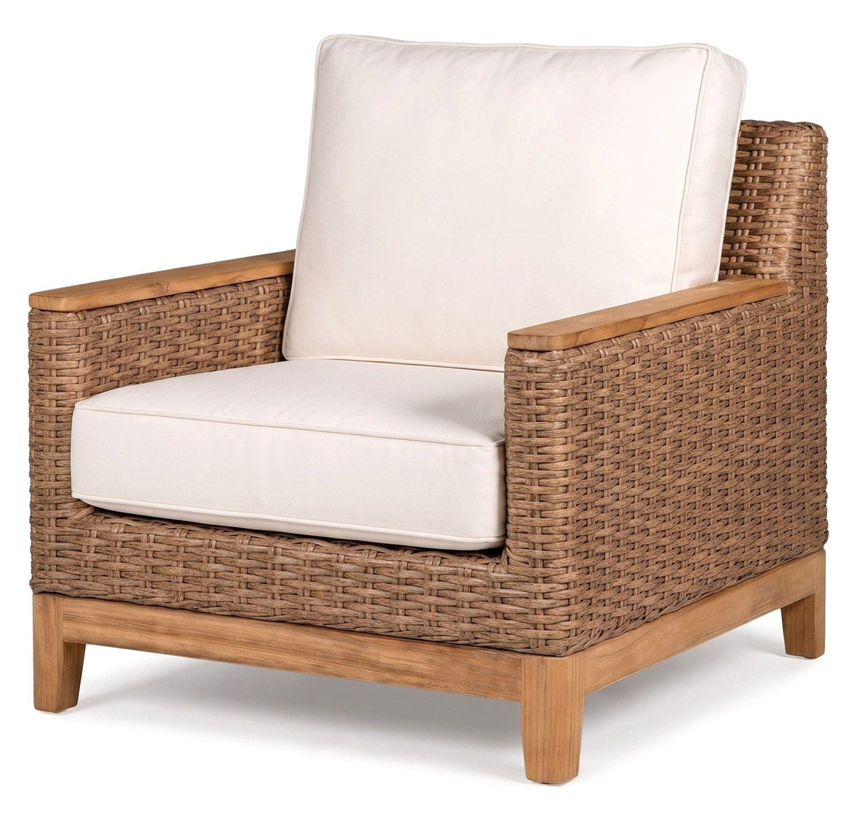 Boca Club Chair — Honey Wicker; photography shows a sample fabric