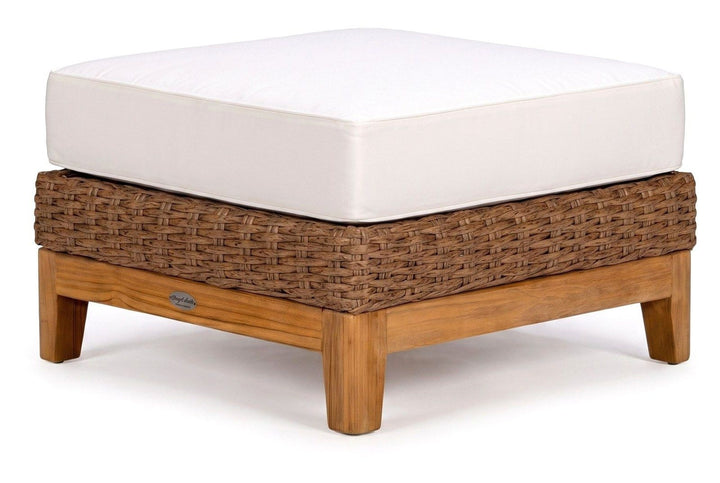 Boca Ottoman — Honey Wicker; photography shows a sample fabric