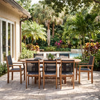 Royal Teak Collection 96/120 Oval Family Expansion 9-Piece Dining Set with 6 Captiva Black Side Chairs and 2 Captiva Black Arm Chairs (Front Poolside View)