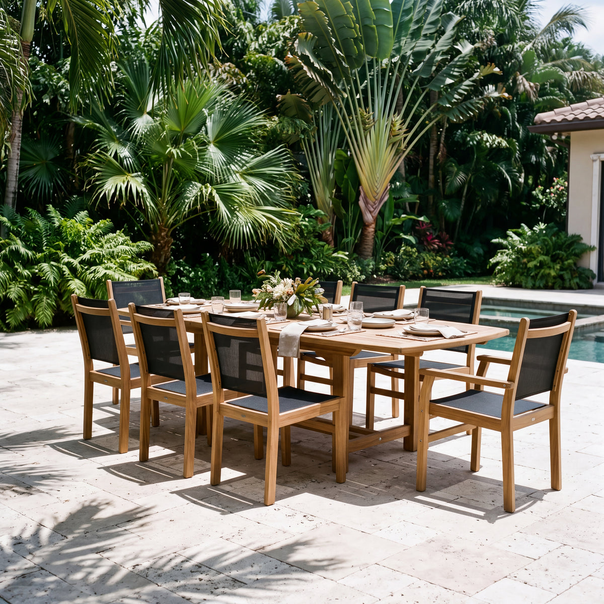 Royal Teak Collection 96/120 Rectangular Family Expansion 9-Piece Dining Set with 6 Captiva Black Side Chairs and 2 Captiva Black Arm Chairs (Poolside Patio)
