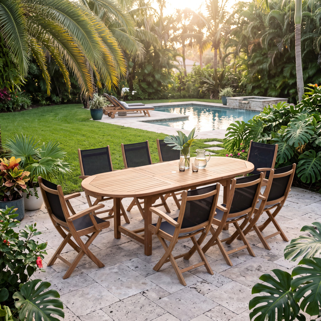Royal Teak Collection 96/120 Oval Family Expansion 9-Piece Dining Set with 8 Sailmate Black Folding Arm Chairs (Sunny Garden Patio)