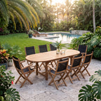 Royal Teak Collection 96/120 Oval Family Expansion 9-Piece Dining Set with 8 Sailmate Black Folding Arm Chairs (Sunny Garden Patio)
