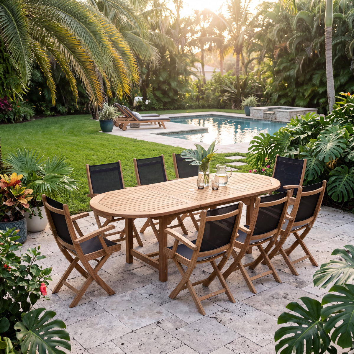 Royal Teak Collection 96/120 Oval Family Expansion 9-Piece Dining Set with 8 Sailmate Black Folding Arm Chairs (Sunny Garden Patio)