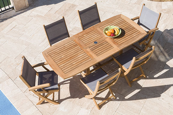 Royal Teak Collection Family Expansion Table with Black Sailmate Folding Arm Chairs (SMCB)